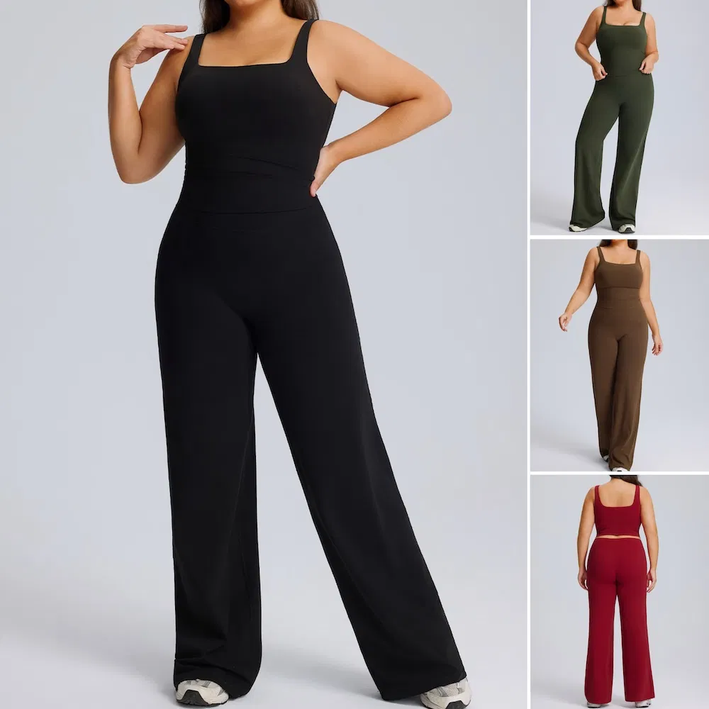 New Listing Two-Piece Plus Size Pilates Fitness Outfits Fashionable Casual Athletic Wear for Women, Square Neck Cami with High Waisted Loose Yoga Pants