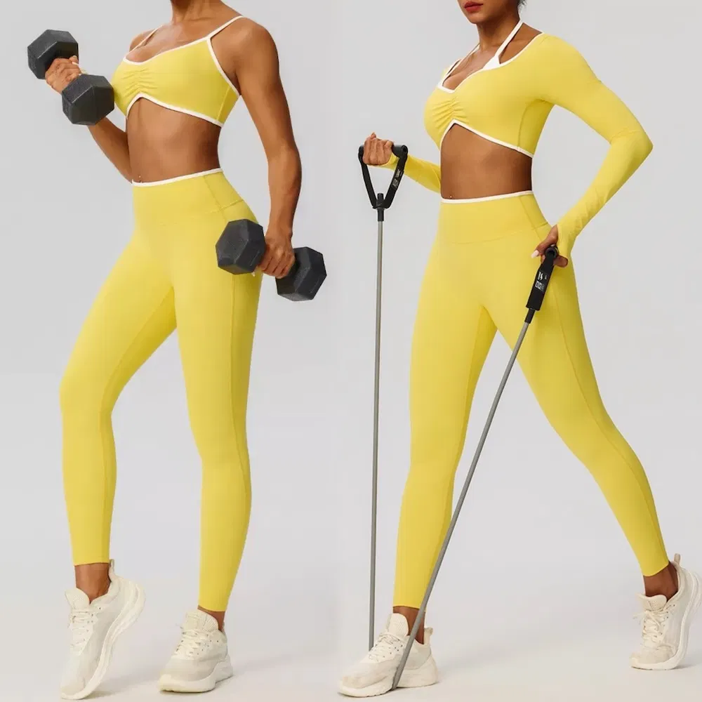New Listing 3 Pieces Set Color-Blocked Gym Pilates Apparel for Women, Long Sleeve Crop Top +Sports Bra + Scrunch Booty Leggings Ropa De Yoga Wear Sweatsuits