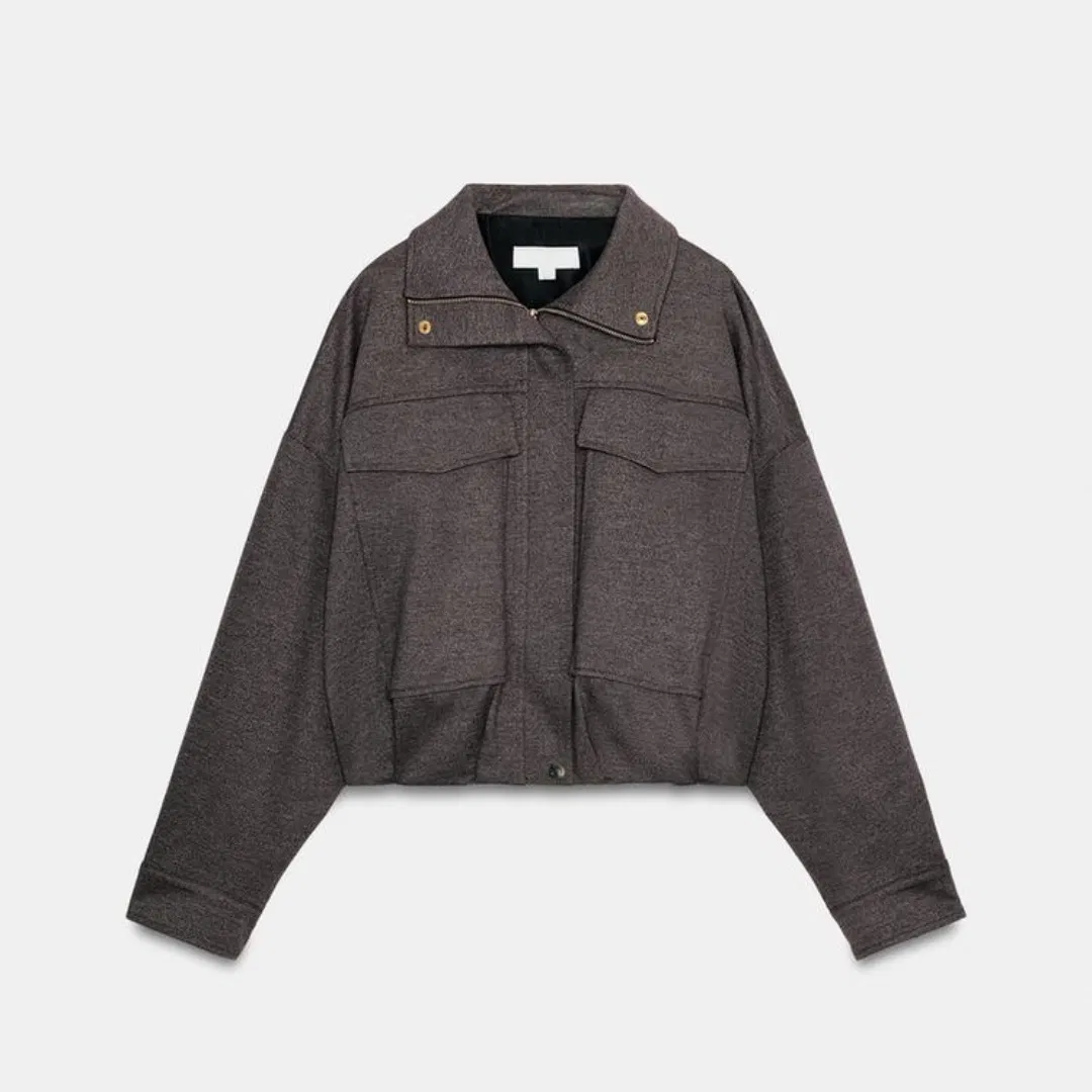 Wholesale Women Fashion Cropped Utility Jacket High Collar Chest Pockets Women's Casual Loose Bomber Outerwear