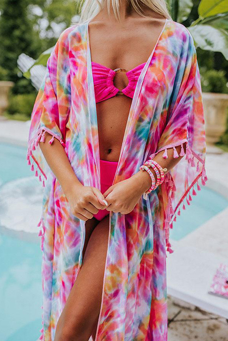 Hot Summer Women Floral Kimono Swim Cover-UPS Female Beach Boho Cardigan Bathing Tops Beach Bikini Cover up Bikini Wear