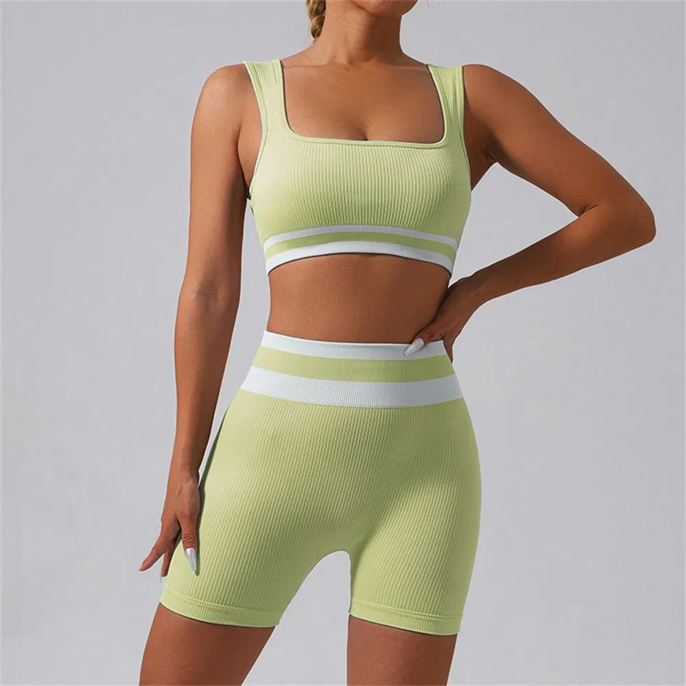Color Blocked Custom Logo Seamless Activewear High Waist Workout Clothing Women Gym Fitness Yoga Shorts Sets