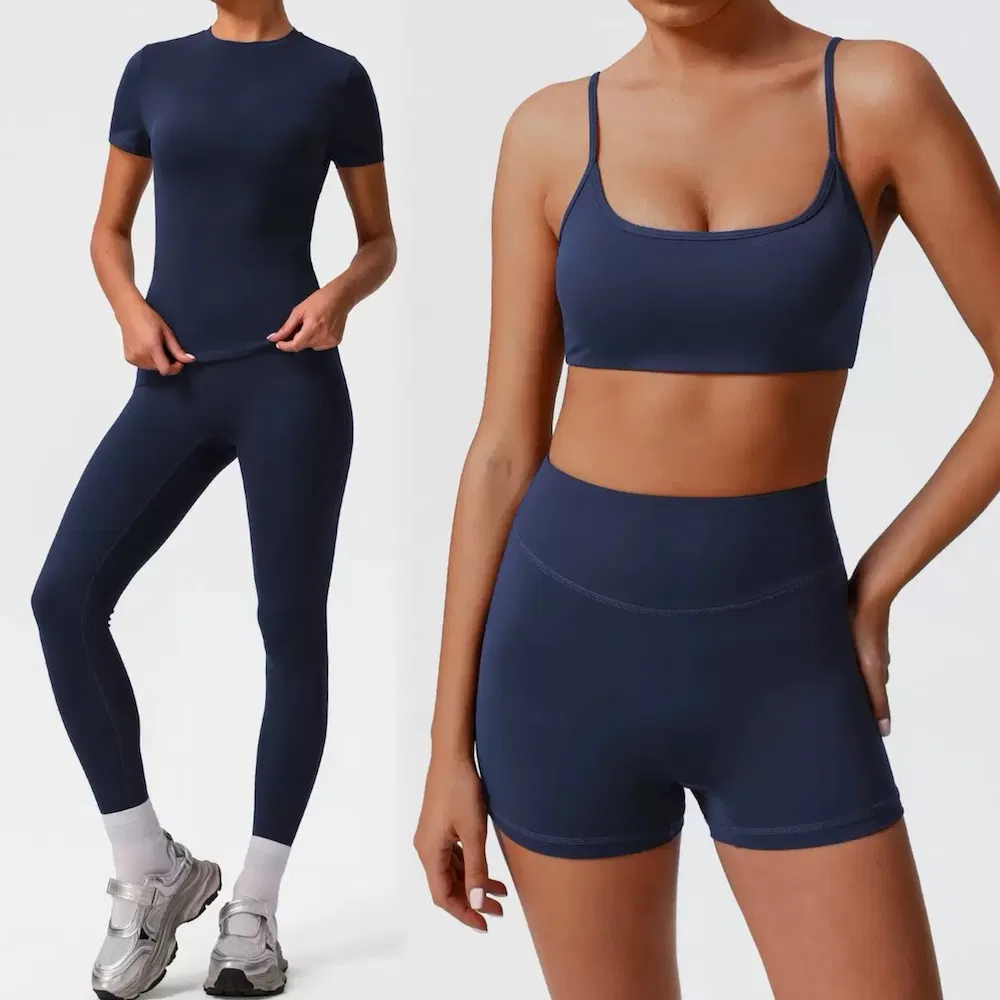 Top Selling 4PCS Matching Activewear Sets for Woman, Cute Sports Bra + Short Sleeve Crop T-Shirt + Gym Shorts + Running Leggings Yoga and Pilates Apparel