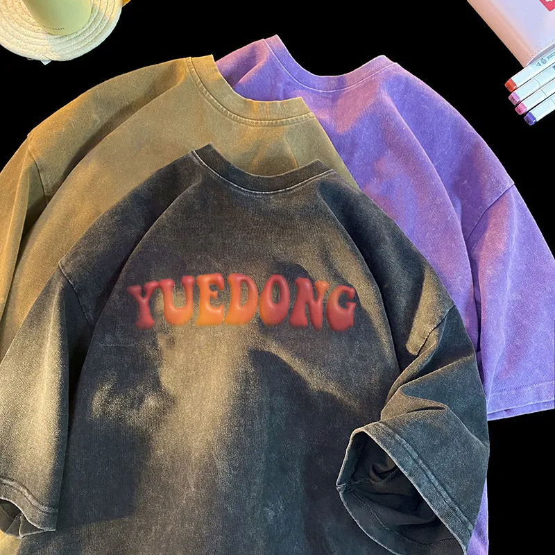 Wholesale Fashion Streetwear Custom Men's Dgt Puff Printing 100% Cotton T Shirt Plain Drop Shoulder T-Shirts Vintage Acid Washed Graphic Blank 300GSM Oversized