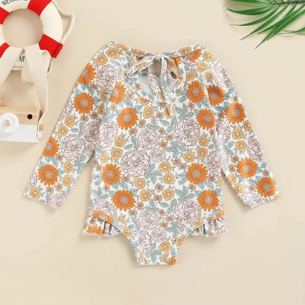 Popular Summer Girl's One Piece Swimsuit New Fashion Custom Print Long Sleeve Toddler Baby Swimwear for Kids