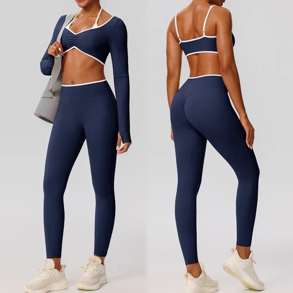 New Listing 3 Pieces Set Color-Blocked Gym Pilates Apparel for Women, Long Sleeve Crop Top +Sports Bra + Scrunch Booty Leggings Ropa De Yoga Wear Sweatsuits