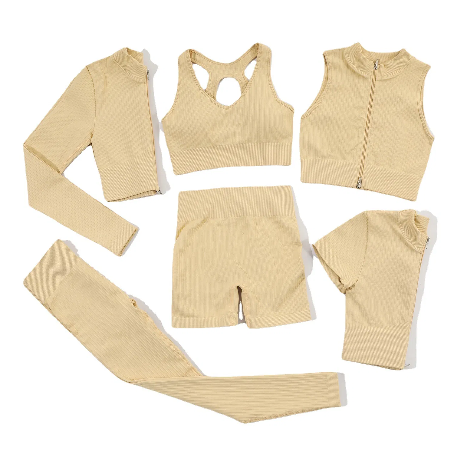 2023 Women 6PCS Ribbed Zipper Natural Color Activewear Suit Workout Gym Clothing