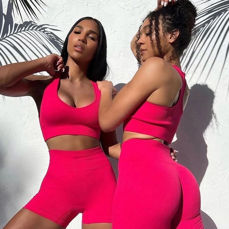 5PCS Ribbed High Quality Working out Set Body Shaping Training Apparel for Women, Custom Seamless Sportswear Fitness Top + Yoga Shorts + Leggings Gym Wear