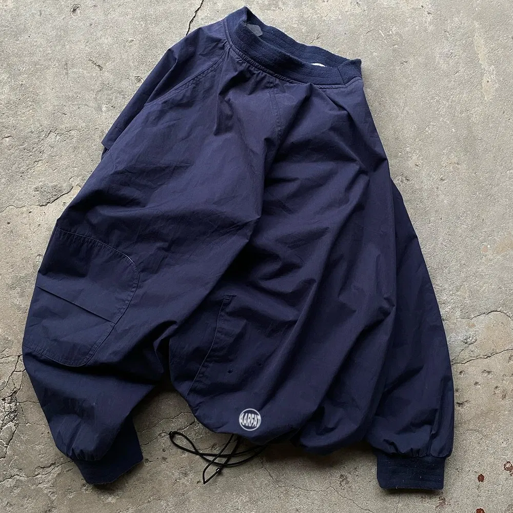 Black Streetwear Loose Fit Jacket Men's V Stand Collar Zipper Windbreaker with Drawstring, Spring Autumn Casual Fashion Outerwear