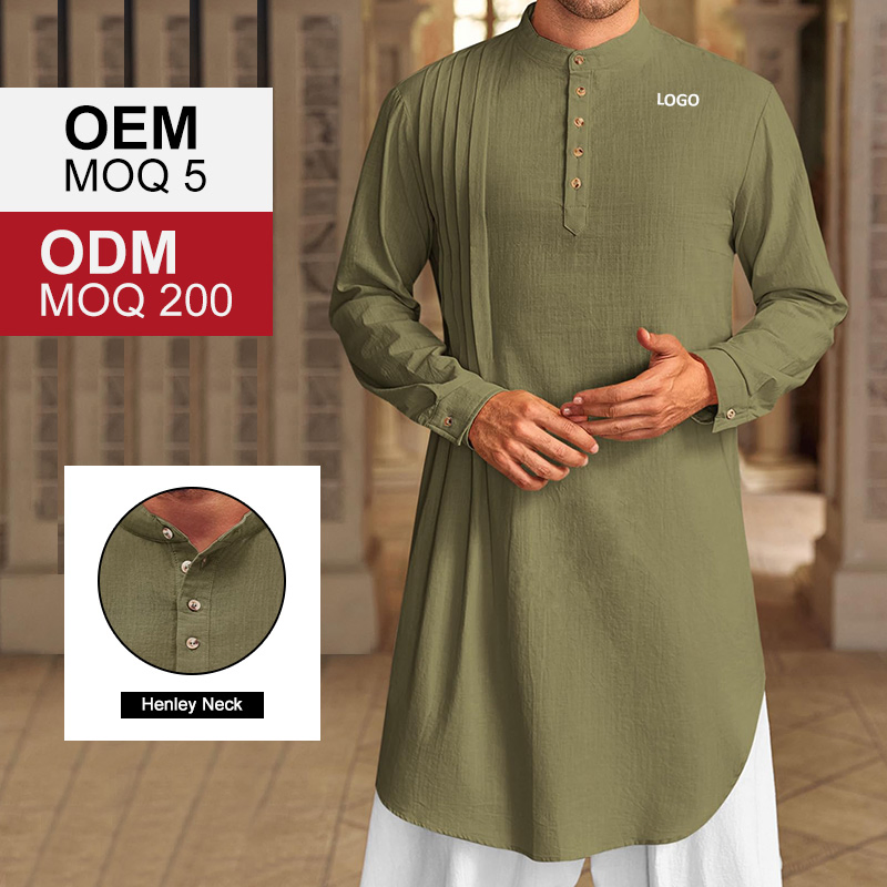 Men's Thobe (long-sleeved cotton Henley shirt) , Casual Muslim Formal Wear, Kurta (top)