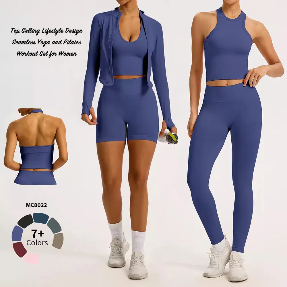 Customize Brand Logo 5PCS Set Leisure Seamless Activewear for Women, Cute Yoga Tank Tops + High Waist Sports Shorts + Leggings + Sports Jacket Gym Clothes