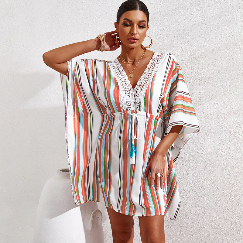 Women Summer Beach Dress V-Neck Short-Sleeve Drawstring Beachwear for Lady Solid Stripe Beach Cover UPS