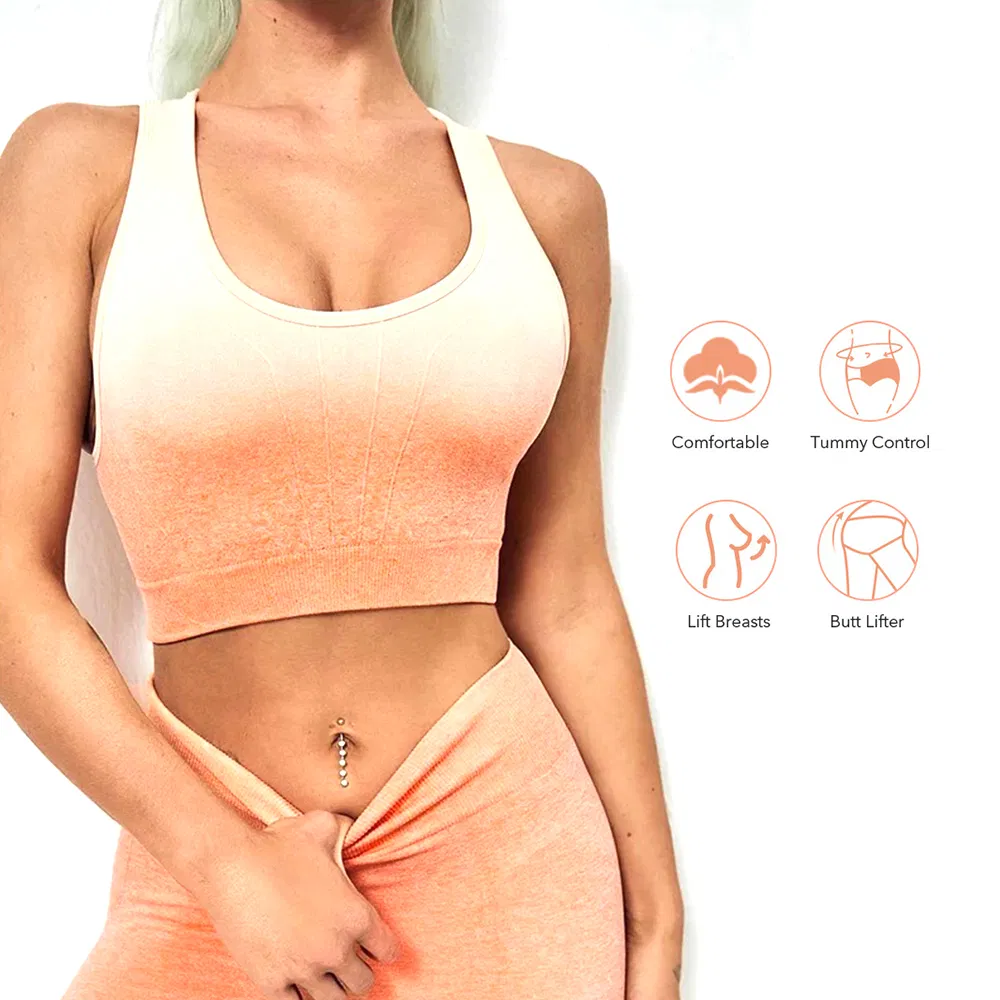 Wholesale Summer Gym Street Outfits Seamless Ropa De Yoga Wear for Women, Custom Gradient High Waist Shorts + Hollow Back Fitness Bra Boxing Outfits Activewear
