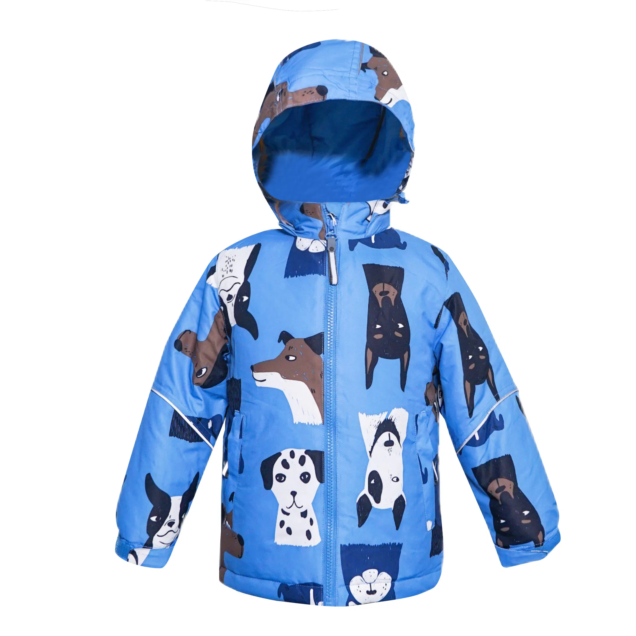 Kids' Blue Hooded Warm Jacket with Cute Dog Pattern, Waterproof Children Clothing