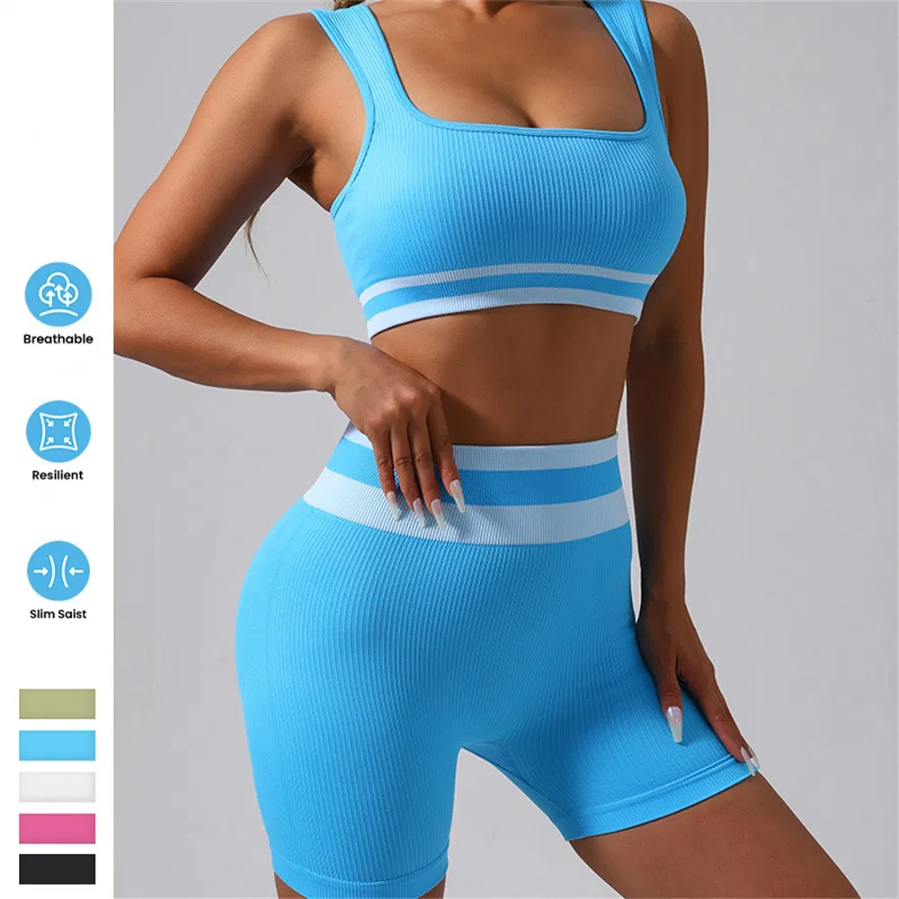 Color Blocked Custom Logo Seamless Activewear High Waist Workout Clothing Women Gym Fitness Yoga Shorts Sets
