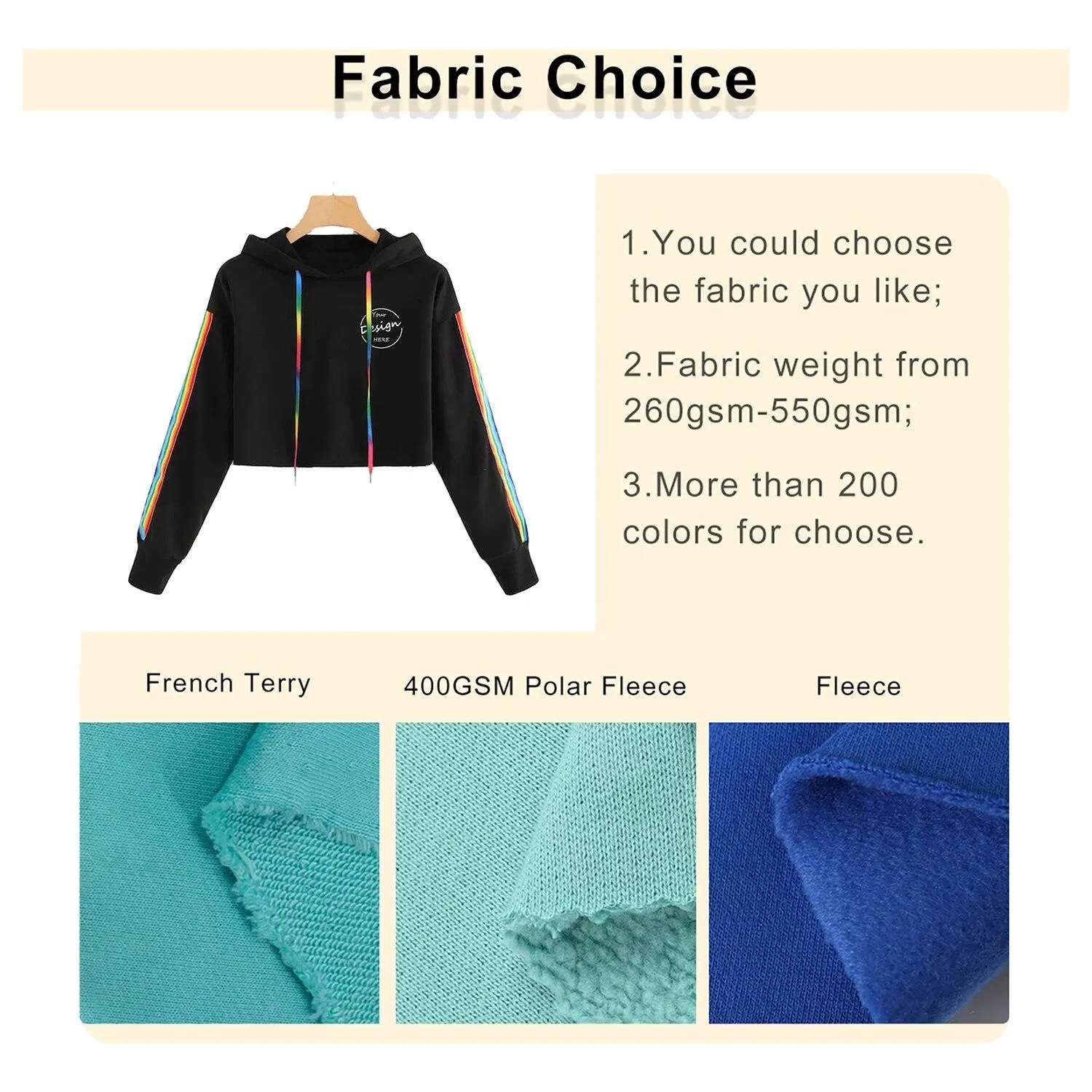Custom Wholesale High Quality Crop Silk Screen Printing Women Luxury Fashion Sexy Streetwear Color Block Pullover Casual Hoodies