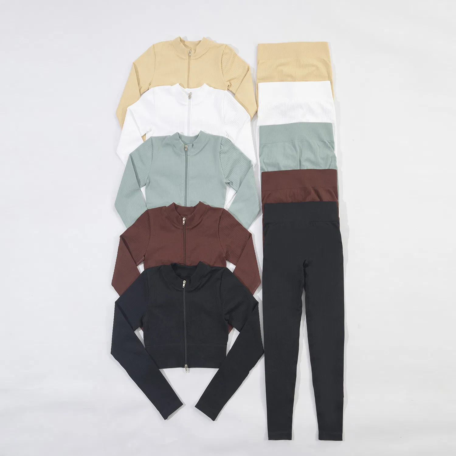 2023 Women 6PCS Ribbed Zipper Natural Color Activewear Suit Workout Gym Clothing