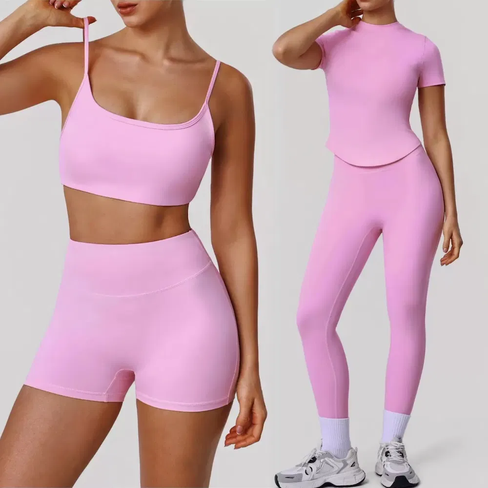 Top Selling 4PCS Matching Activewear Sets for Woman, Cute Sports Bra + Short Sleeve Crop T-Shirt + Gym Shorts + Running Leggings Yoga and Pilates Apparel