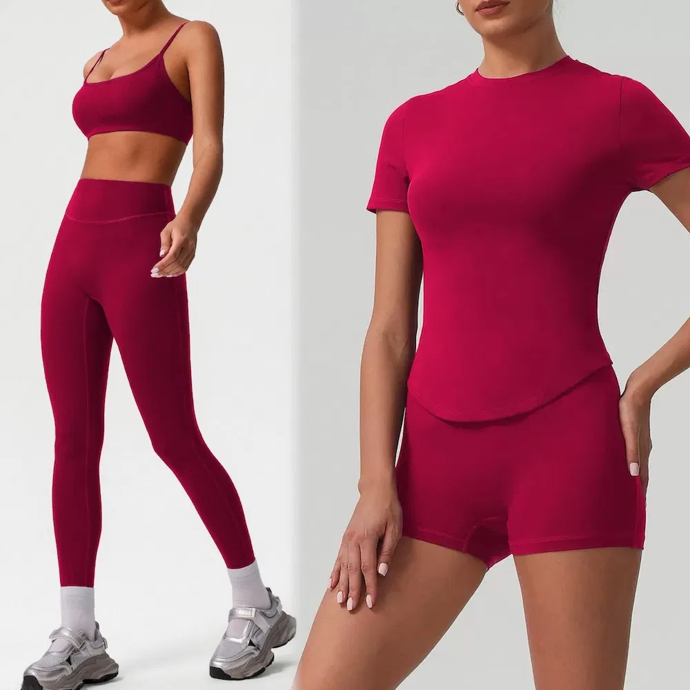 Top Selling 4PCS Matching Activewear Sets for Woman, Cute Sports Bra + Short Sleeve Crop T-Shirt + Gym Shorts + Running Leggings Yoga and Pilates Apparel