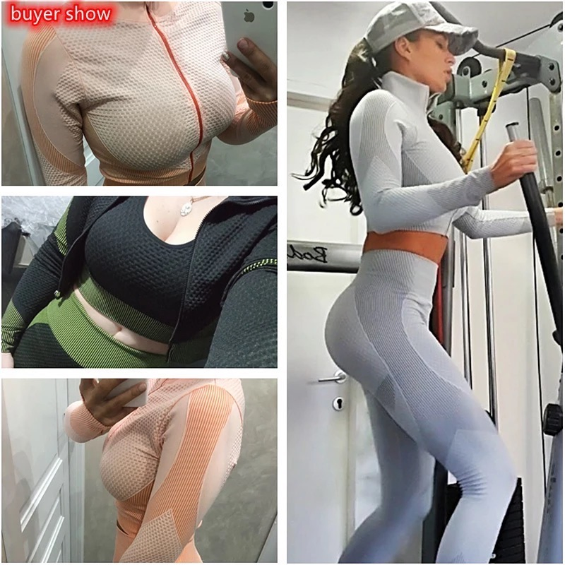 Wholesale Ladies Plus Size Sportswear Ropa De Yoga Seamless Fitness Clothing for Women, Custom Logo 3 PCS Seamless Workout Jacket + Gym Bra + Athletic Leggings