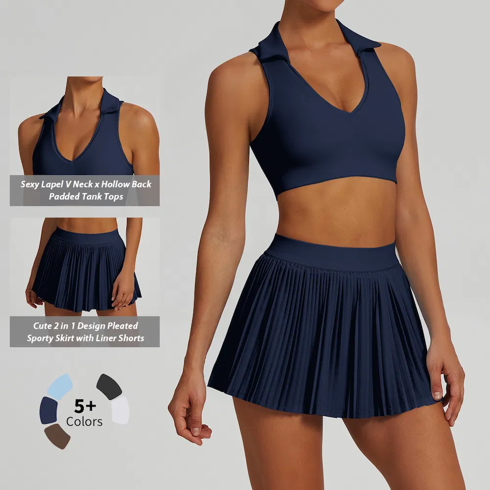 Wholesale Sexy Fashion Pickleball Sports Apparel for Women, Two Piece Pleated Golf Skirt Sets for Polo Neck Tank Top with Bra and Pleated Skort with Pocket