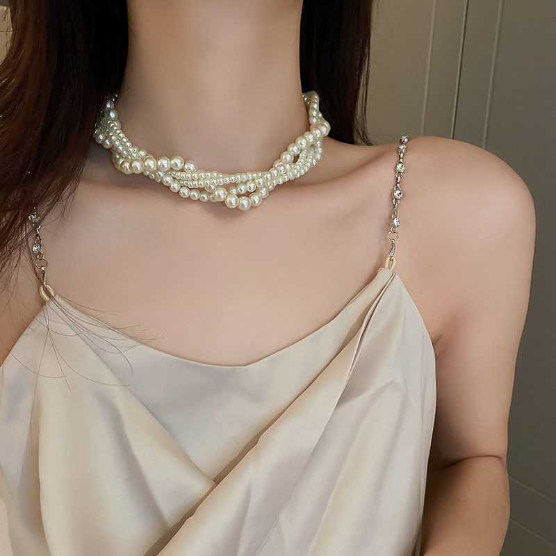 Small Fragrant Style Multi Layer Baroque Necklace Pearl Clavicle Chain Retro Light Luxury Niche Neck Chain Fashion Accessories Women's Style
