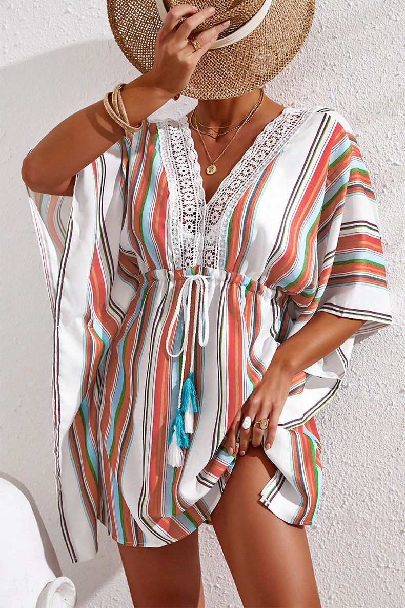Women Summer Beach Dress V-Neck Short-Sleeve Drawstring Beachwear for Lady Solid Stripe Beach Cover UPS
