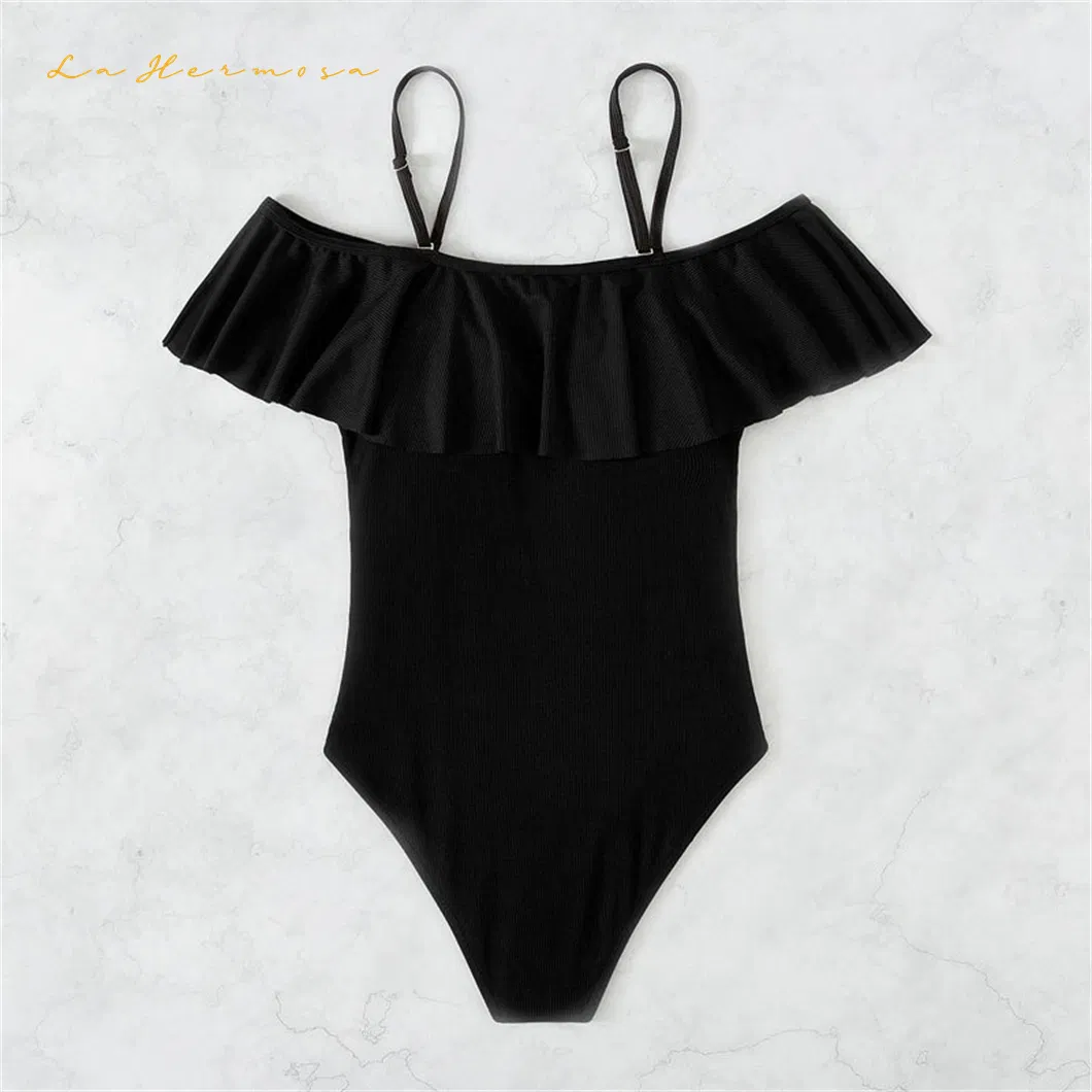 New Fashion One-Shoulder Bikini Womens Ruffled Strap One Piece Swimsuit Black Bikinis Wholesale Swimwear