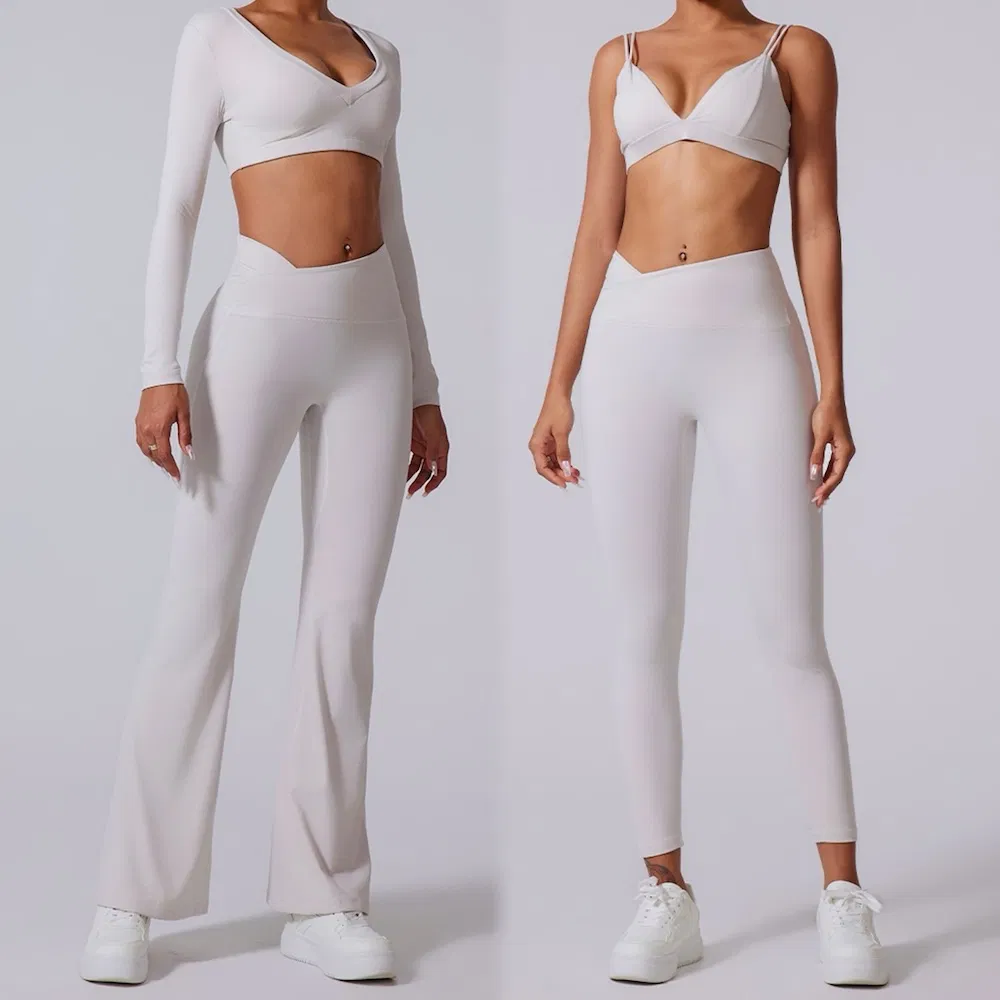 Top Seller 4 PCS Workout Clothes Ropa Deportiva for Women, Custom V Neck Yoga Bra +Long Sleeve Gym Crop Top + Athletic Leggings + Flare Yoga Pants Activewear