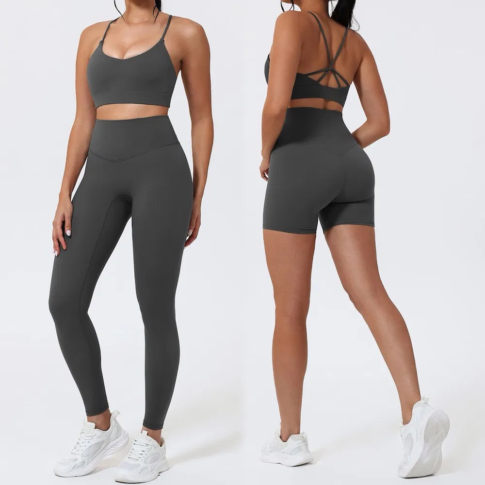 Tiktok New Trendy 3PCS Workout Apparel for Women, Fancy Strappy Back Sports Bra + High Waisted Gym Shorts + Workout Leggings Matching Pilates Activewear Set