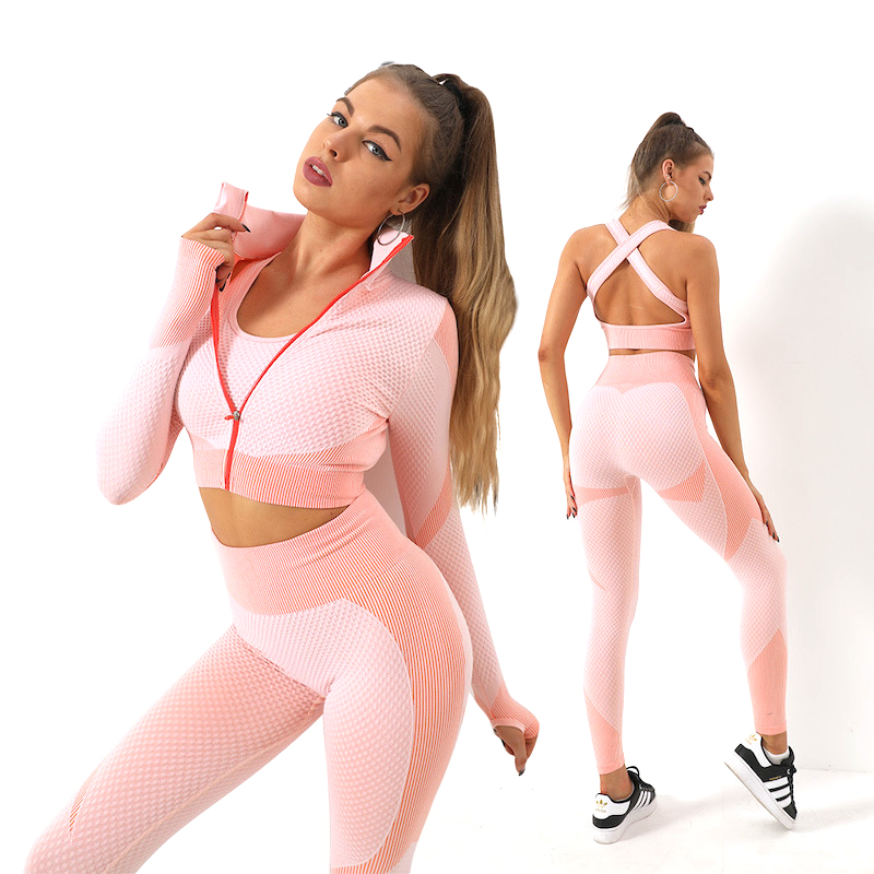 Wholesale Ladies Plus Size Sportswear Ropa De Yoga Seamless Fitness Clothing for Women, Custom Logo 3 PCS Seamless Workout Jacket + Gym Bra + Athletic Leggings