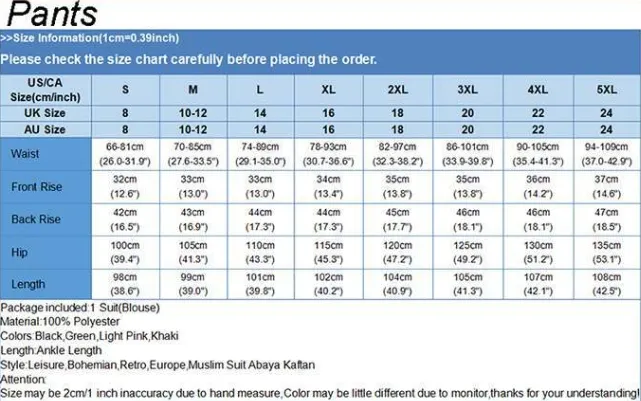 Size Chart and Color Options