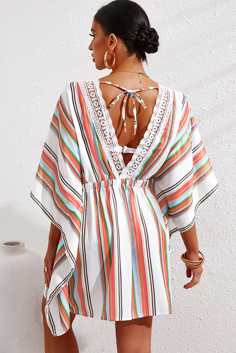 Women Summer Beach Dress V-Neck Short-Sleeve Drawstring Beachwear for Lady Solid Stripe Beach Cover UPS