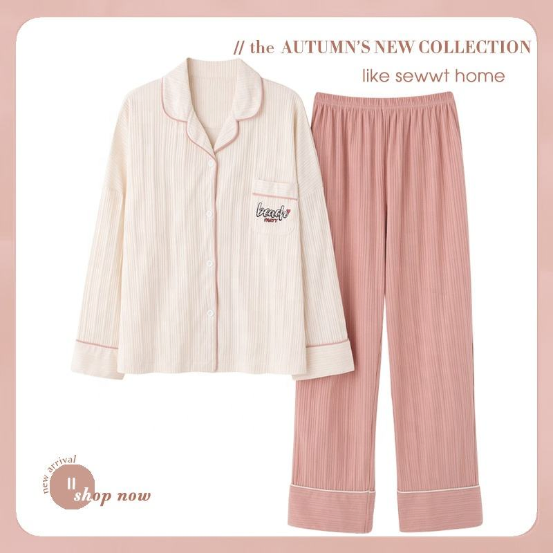 Custom Logo Plus Size Sleep Set - Organic Cotton Pajama Two-Piece Long-Sleeve Soft Women's Pajama Set Clothing