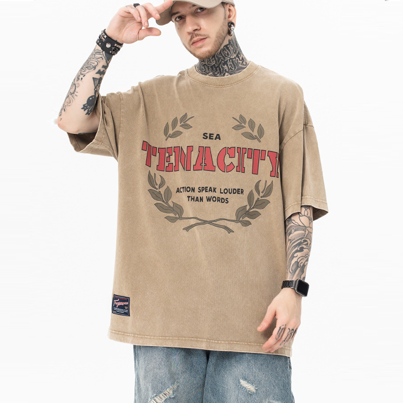 Fashion Luxury Brand 270GSM 95%Cotton 5%Spandex Vintage Water Washed Heavy Industry Oversized Casual Wear with Puff Printed for Men