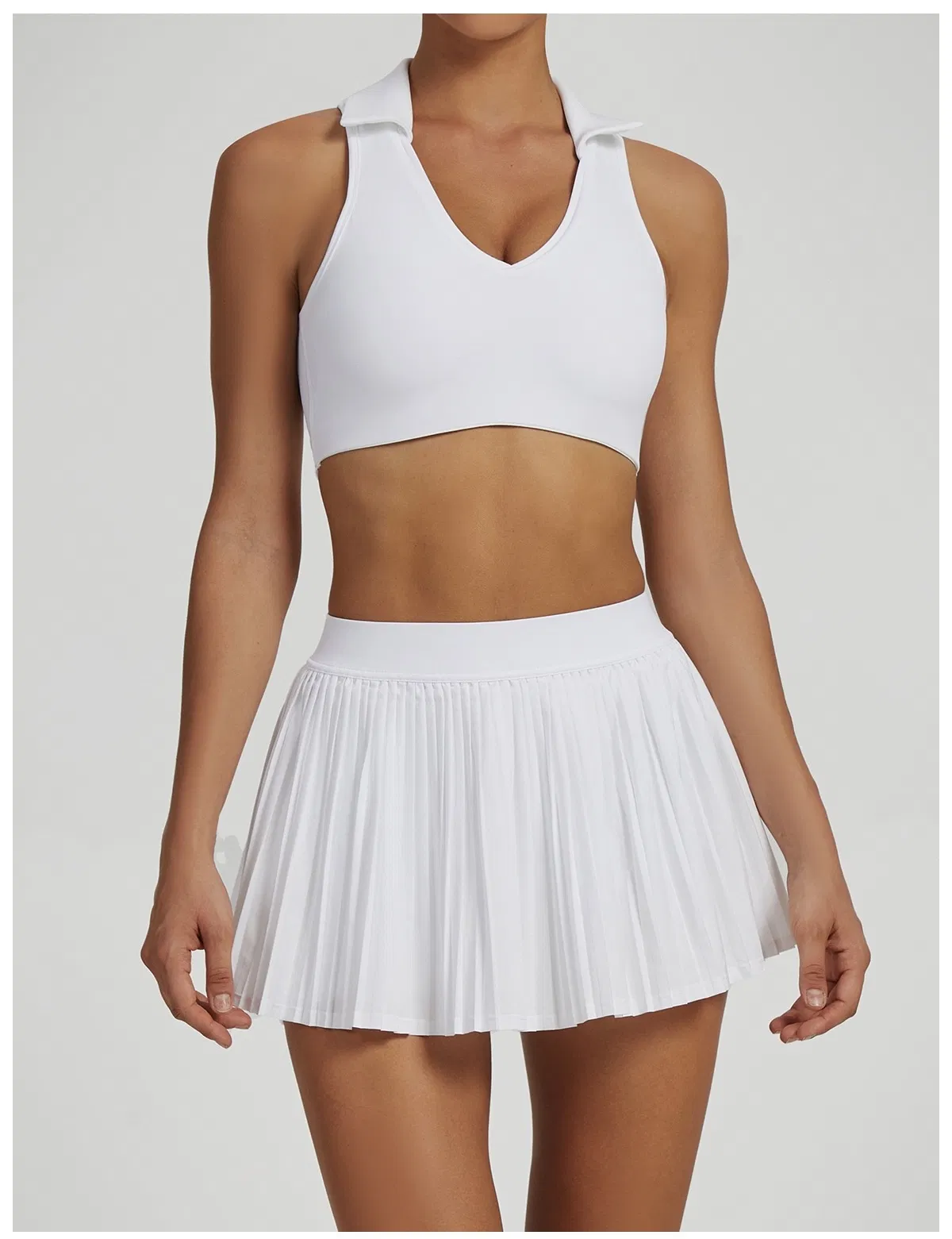 Wholesale Sexy Fashion Pickleball Sports Apparel for Women, Two Piece Pleated Golf Skirt Sets for Polo Neck Tank Top with Bra and Pleated Skort with Pocket