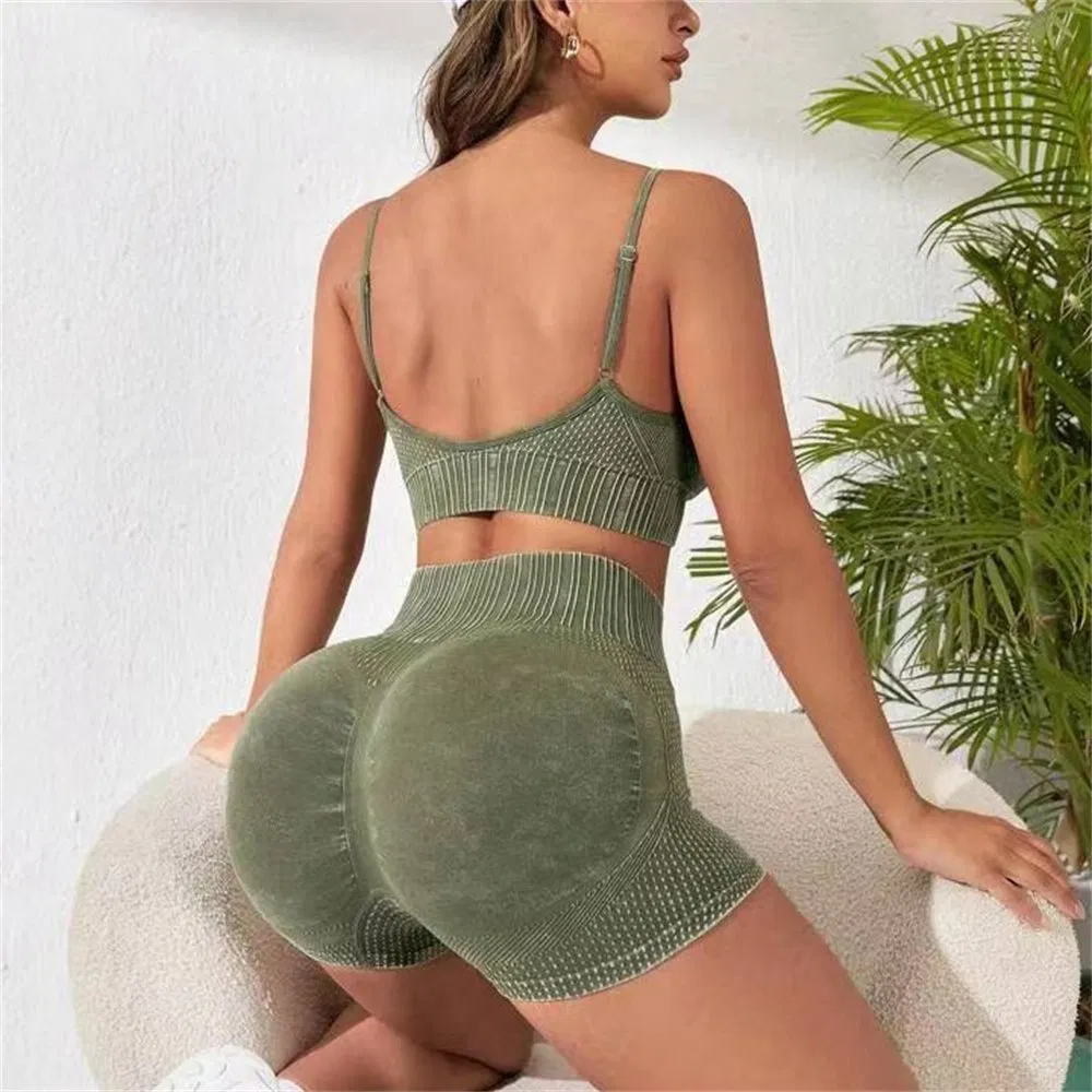 Summer Seamless Washed Sports Bra High Waist Hip Lifting Shorts Activewear Gym Clothes