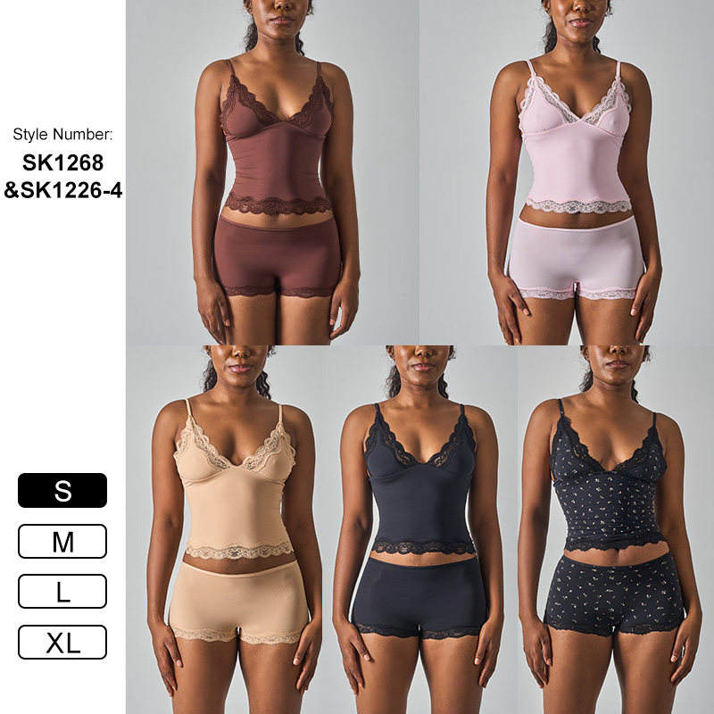 Factory Outlet (ODM/OEM) Industry Leading 76% Nylon/24% Spandex Lace Trim Sexy Deep V Lingerie Camisole/Panty Underwear Set High Quality Set