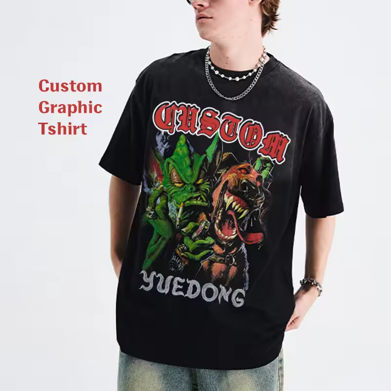 Wholesale Fashion Streetwear Custom Men's Dgt Puff Printing 100% Cotton T Shirt Plain Drop Shoulder T-Shirts Vintage Acid Washed Graphic Blank 300GSM Oversized