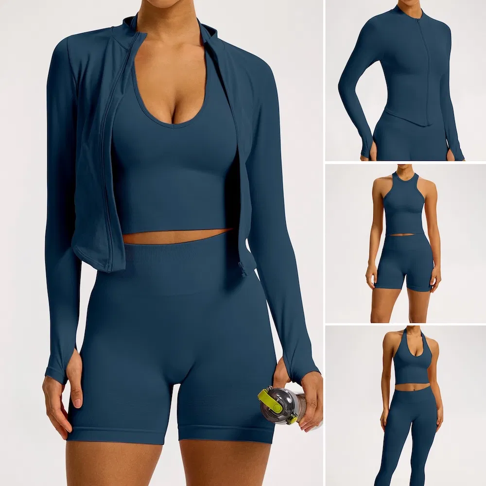 Customize Brand Logo 5PCS Set Leisure Seamless Activewear for Women, Cute Yoga Tank Tops + High Waist Sports Shorts + Leggings + Sports Jacket Gym Clothes