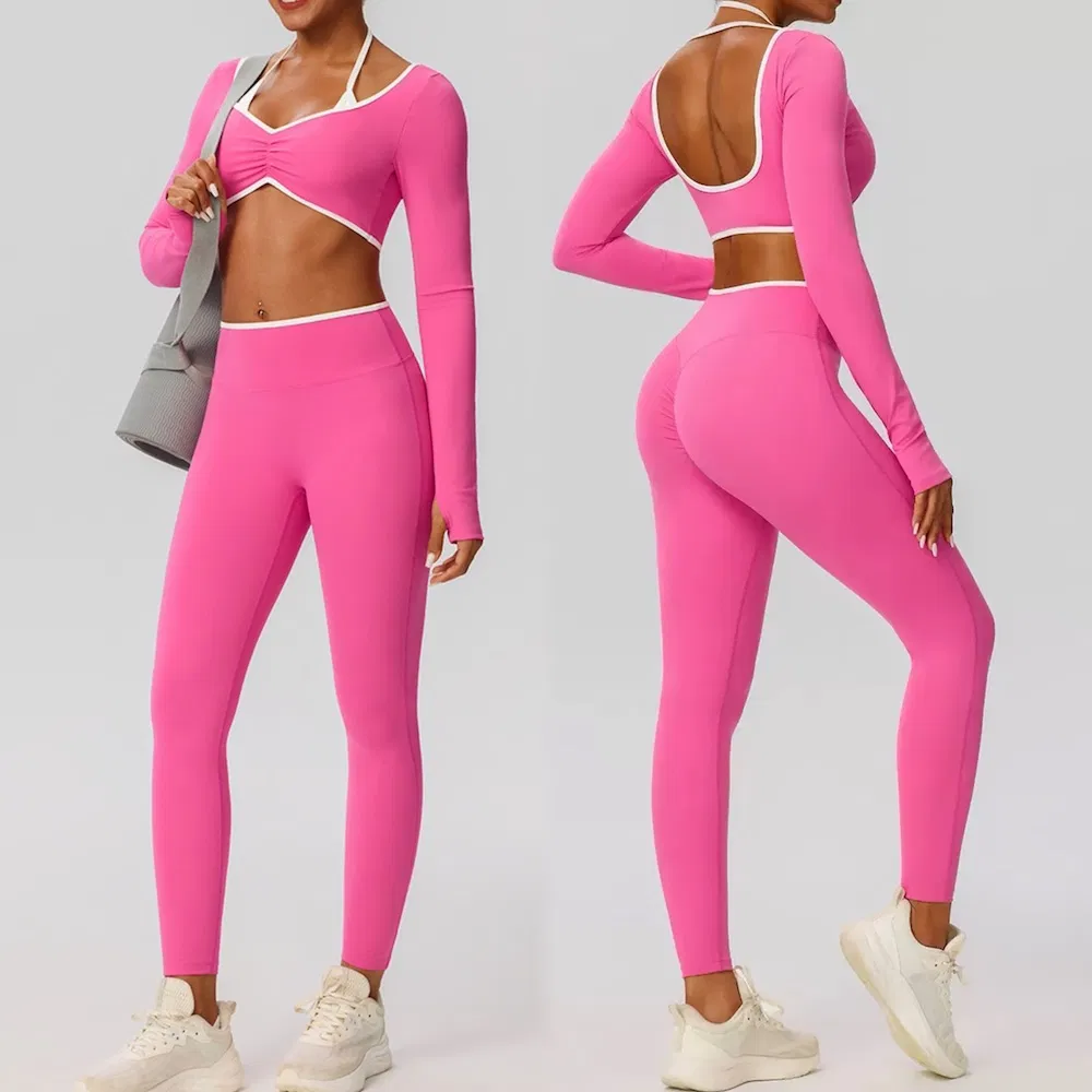 New Listing 3 Pieces Set Color-Blocked Gym Pilates Apparel for Women, Long Sleeve Crop Top +Sports Bra + Scrunch Booty Leggings Ropa De Yoga Wear Sweatsuits