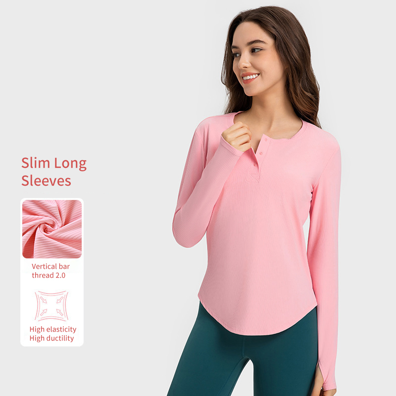 Wholesale Factory Ribbed Button Front Collar Sports Long Sleeve Women's Casual Home Gym Wear Running Sports Wear Yoga Wear