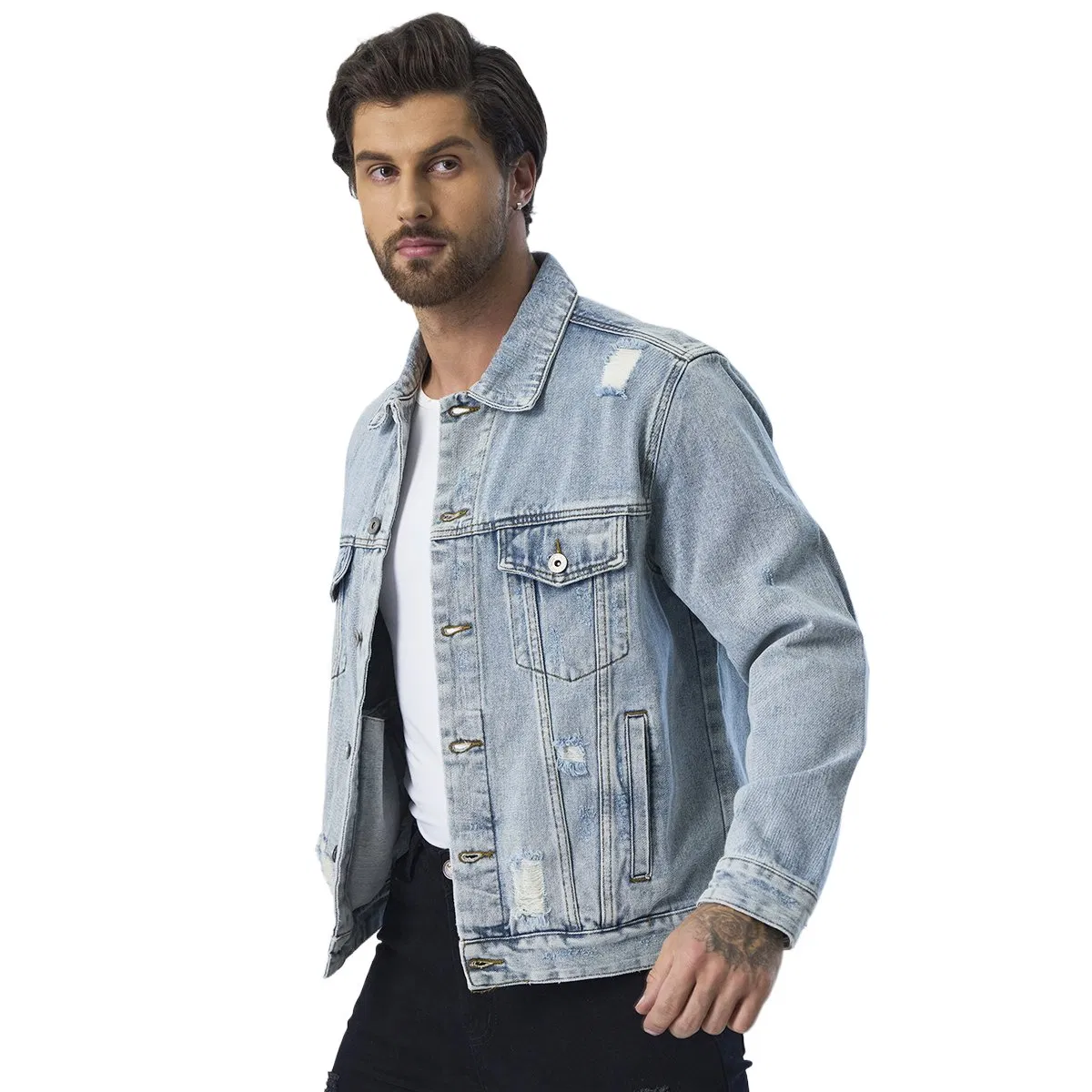 Custom Ripped Design Outerwear Denim Fabric Motorcycle Jeans Jackets for Men
