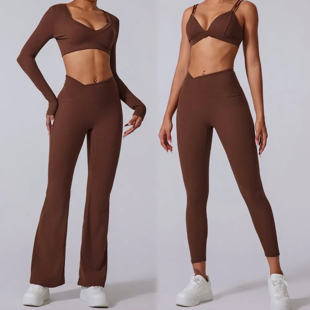 Top Seller 4 PCS Workout Clothes Ropa Deportiva for Women, Custom V Neck Yoga Bra +Long Sleeve Gym Crop Top + Athletic Leggings + Flare Yoga Pants Activewear