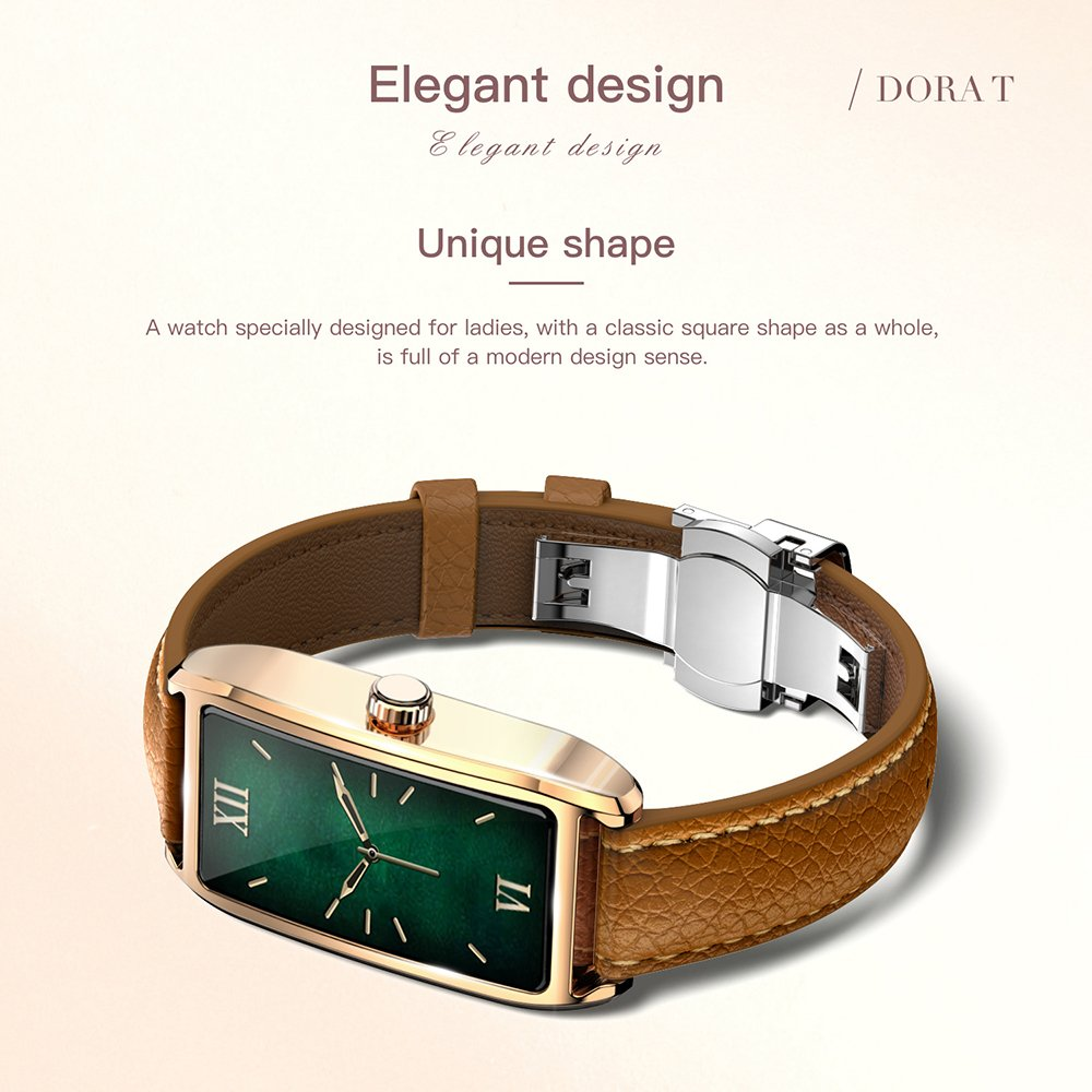 Dora T Women's Smartwatch - Fitness Tracker, Heart Rate, IP68 Waterproof, Leather Band (Rose Gold/Black)