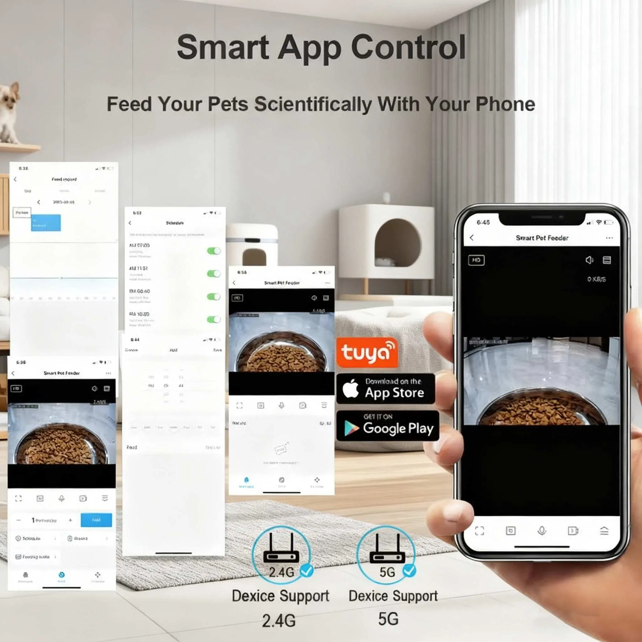 6L Tuya Smart WiFi Pet Cat Feeder with 1080P Camera - Voice, Single/Double Bowl, Anti-Clog &amp; Dual Power
