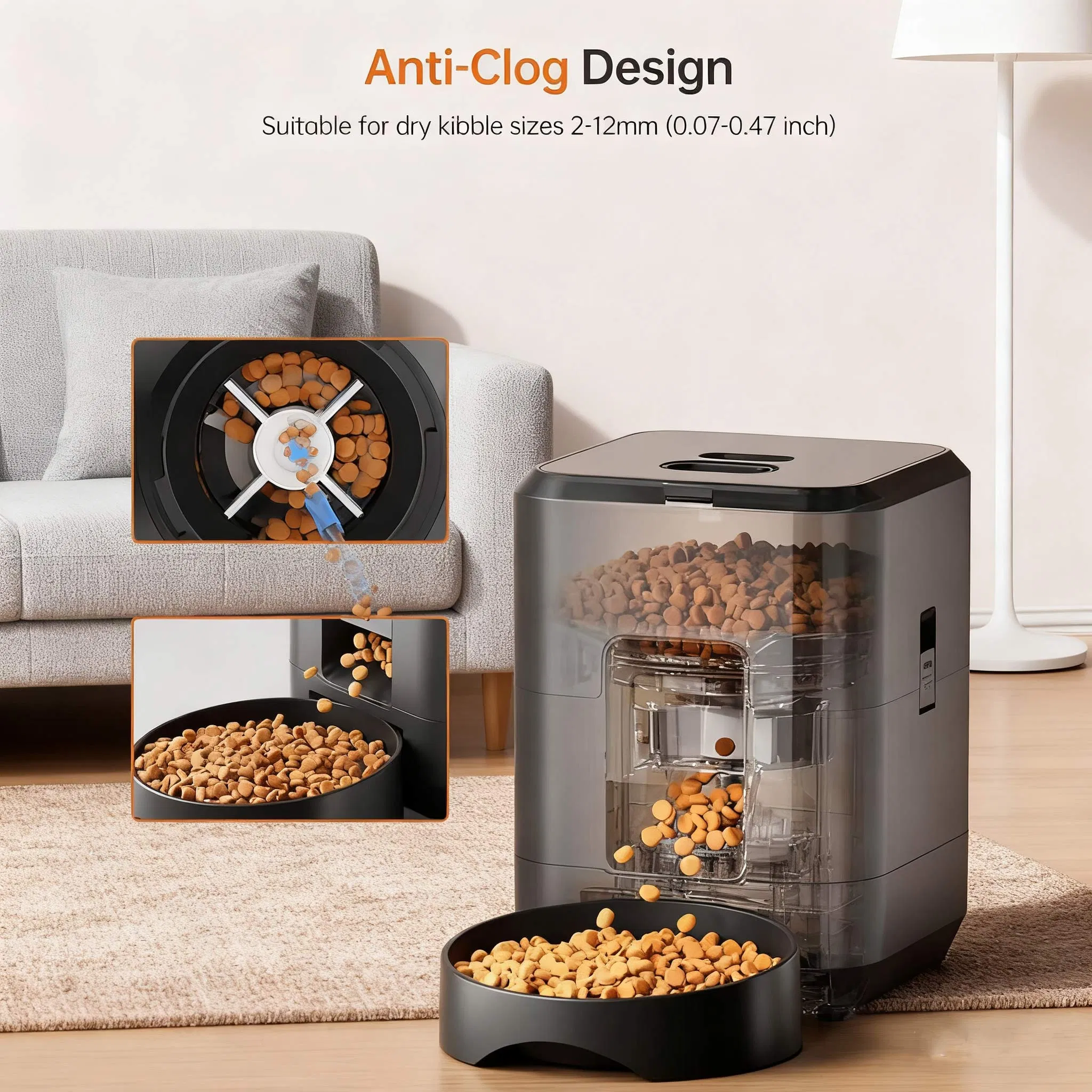 2L 67.63oz Smart Pet Feeder Cat Dog Dry Food Dispenser - APP Timed Feeding, Anti-Clog, Dual Power &amp; WiFi Stainless Steel Dog Bowls