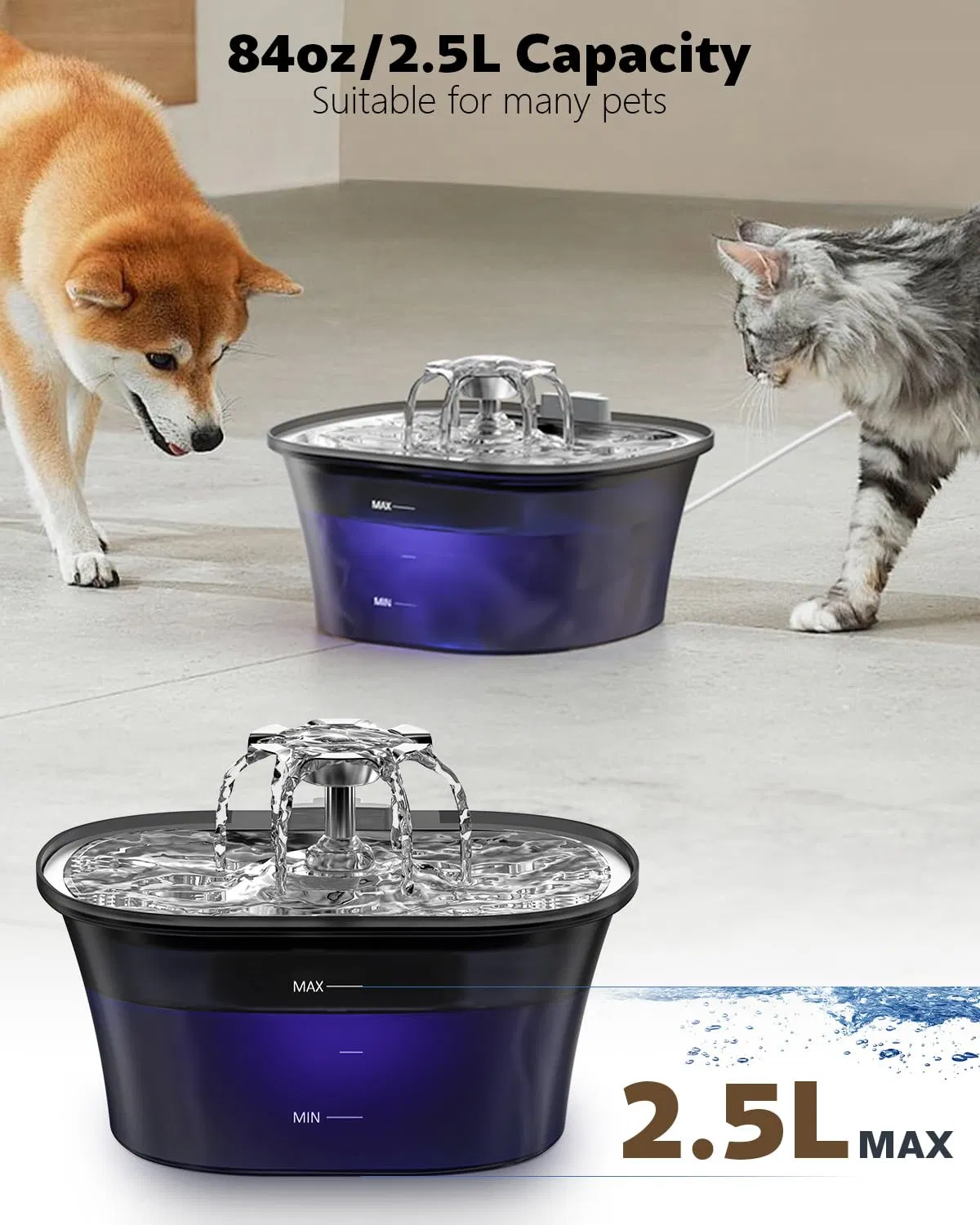 2.5L Pet Water Dispenser for Cats/Dogs with 5-Layer Filtration &amp; Silent Pump