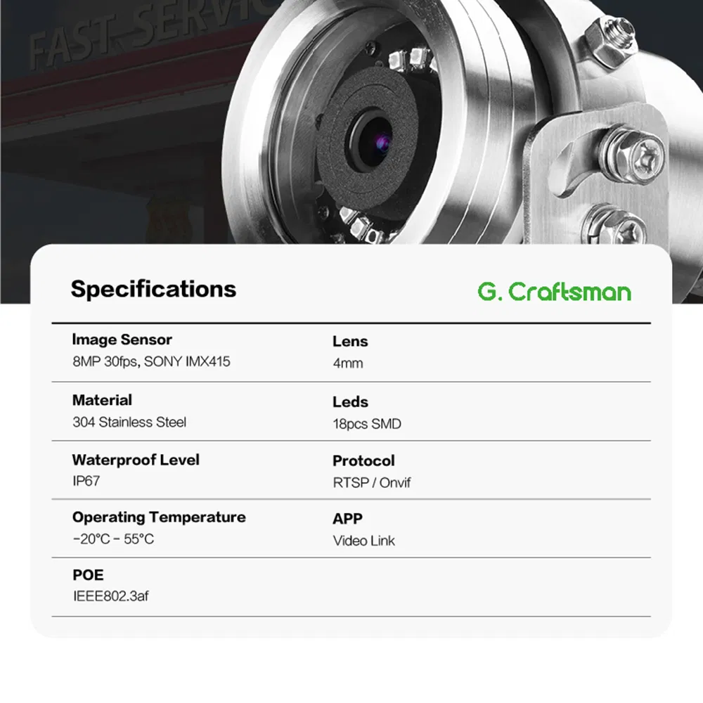 Ga-Ex1fi-M8sg 4K 8MP@30fps Ex 304 316 Stainless Steel Explosion Proof IP Poe Security CCTV Camera Anti-Corrosion/Wave Surge/Acid Rain