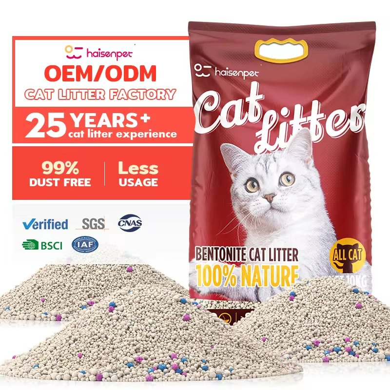 Haisen OEM Factory 1-3mm Strong Clumping Litter Low Dust Colorful Premium Bentonite Cat Litter Sand