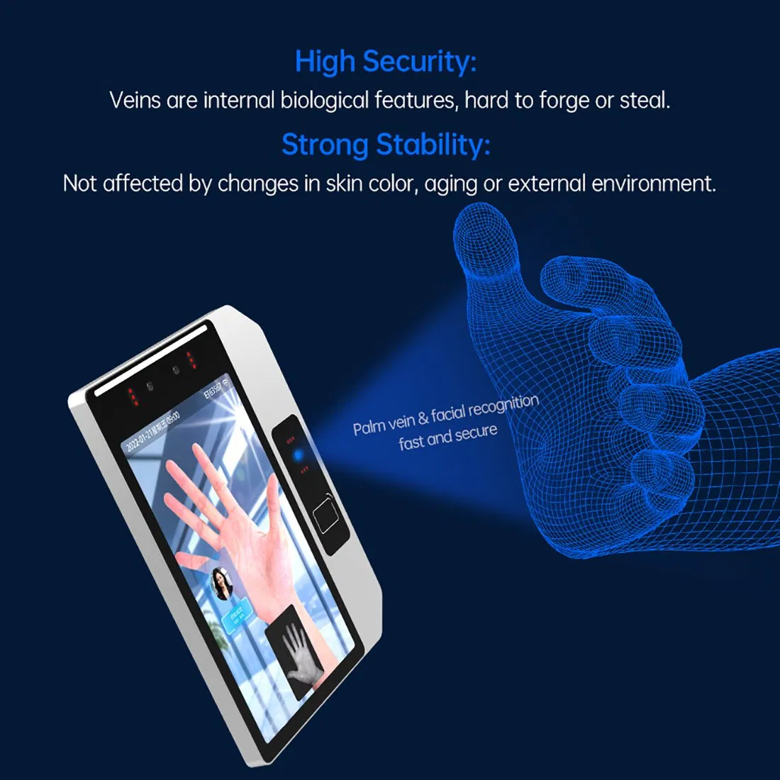 8 Inch School Reconnaissance Facial WiFi Face Palm Vien Recognition Device Biometric Access Control Time Attendance System